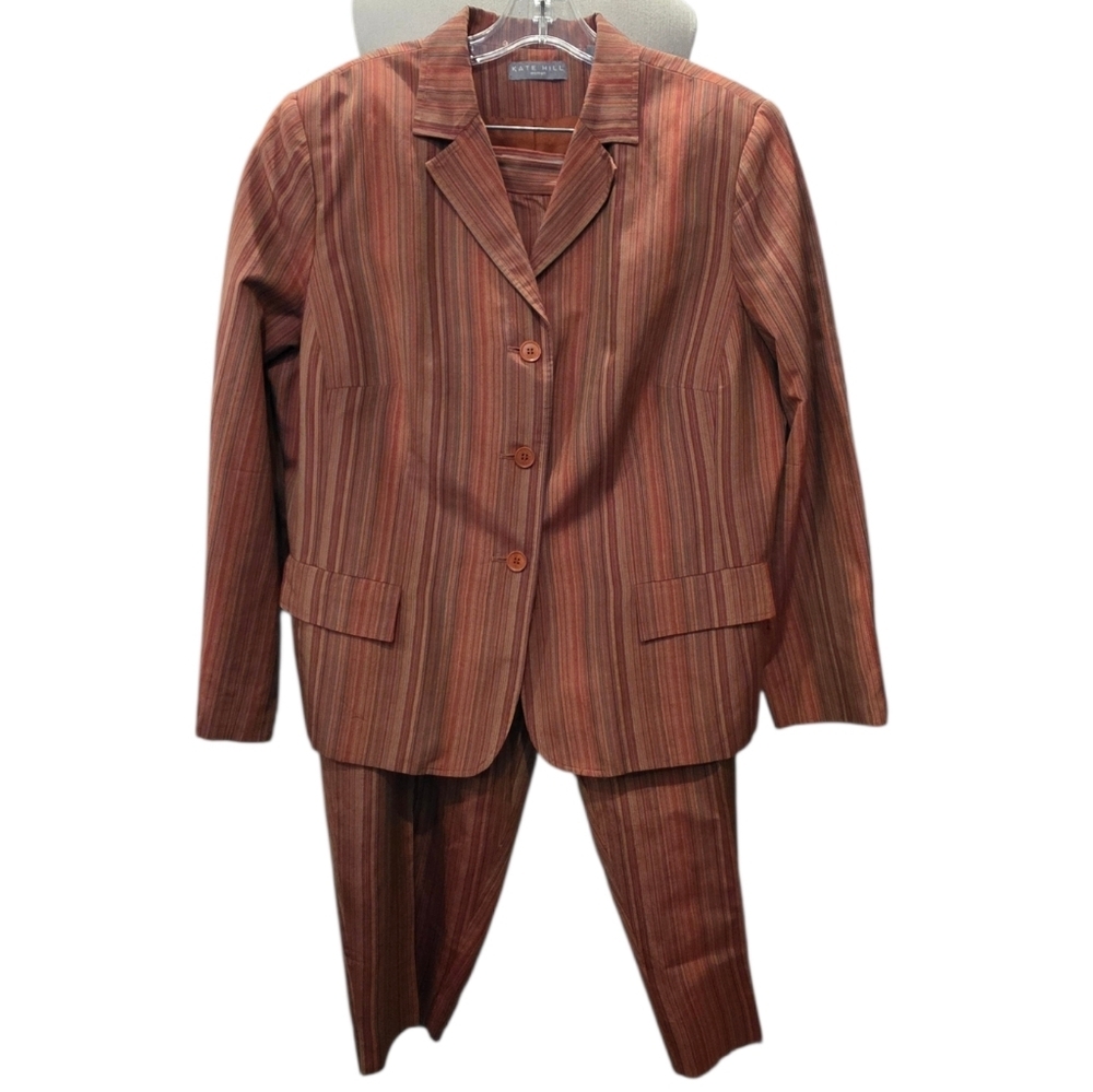 Kate Hill Rust and Orange Striped Blazer/Pant suit -SILK BLEND